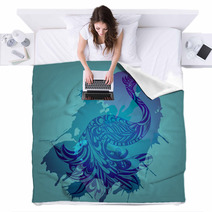 Vector Background With Blue Peacock And Grungy Splashes Blankets 41939347