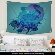 Vector Background With Blue Peacock And Grungy Splashes Wall Art 41939347