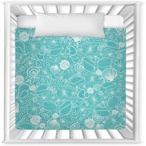 Vector Blue Seashells Line Art Seamless Pattern Background With Nursery Decor 47439867