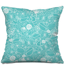 Vector Blue Seashells Line Art Seamless Pattern Background With Pillows 47439867