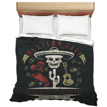 Vector Grunge Emblem Of Restaurant With Skull In Mexican Sombrer Bedding 109809381