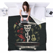 Vector Grunge Emblem Of Restaurant With Skull In Mexican Sombrer Blankets 109809381