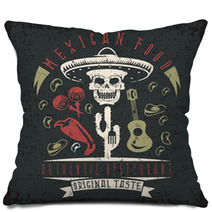 Vector Grunge Emblem Of Restaurant With Skull In Mexican Sombrer Pillows 109809381
