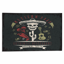Vector Grunge Emblem Of Restaurant With Skull In Mexican Sombrer Rugs 109809381