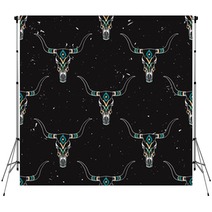 Vector Grunge Seamless Pattern With Bull Skull And Ethnic Ornament Backdrops 94201387