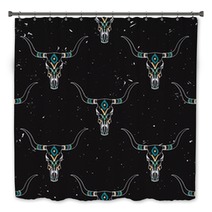 Vector Grunge Seamless Pattern With Bull Skull And Ethnic Ornament Bath Decor 94201387