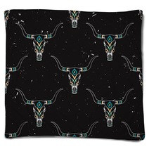 Vector Grunge Seamless Pattern With Bull Skull And Ethnic Ornament Blankets 94201387