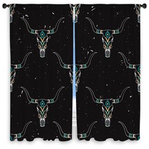 Vector Grunge Seamless Pattern With Bull Skull And Ethnic Ornament Window Curtains 94201387