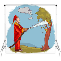 Vector Illustration Of A The Firemen Extinguished The Burning Tree Water Backdrops 233185539