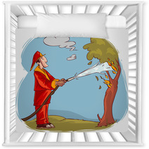 Vector Illustration Of A The Firemen Extinguished The Burning Tree Water Nursery Decor 233185539