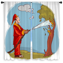 Vector Illustration Of A The Firemen Extinguished The Burning Tree Water Window Curtains 233185539