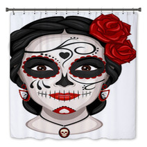 Vector Illustration Of A Woman From The Neck Up Made Up For Dia De Los Muertos Day Of The Dead Bath Decor 177074076