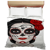 Vector Illustration Of A Woman From The Neck Up Made Up For Dia De Los Muertos Day Of The Dead Bedding 177074076