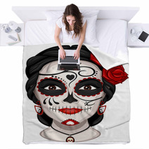 Vector Illustration Of A Woman From The Neck Up Made Up For Dia De Los Muertos Day Of The Dead Blankets 177074076