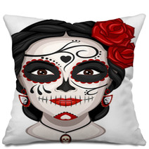 Vector Illustration Of A Woman From The Neck Up Made Up For Dia De Los Muertos Day Of The Dead Pillows 177074076