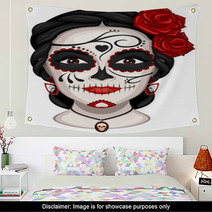 Vector Illustration Of A Woman From The Neck Up Made Up For Dia De Los Muertos Day Of The Dead Wall Art 177074076