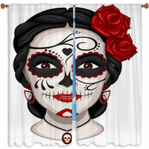 Vector Illustration Of A Woman From The Neck Up Made Up For Dia De Los Muertos Day Of The Dead Window Curtains 177074076