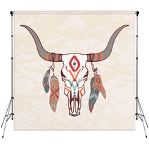 Vector Illustration Of Bull Skull With Feathers Backdrops 62427847