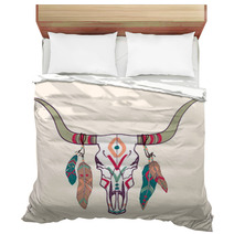 Vector Illustration Of Bull Skull With Feathers Bedding 62427846