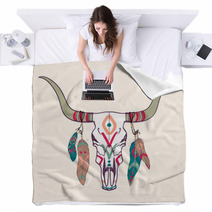 Vector Illustration Of Bull Skull With Feathers Blankets 62427846