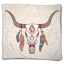 Vector Illustration Of Bull Skull With Feathers Blankets 62427847