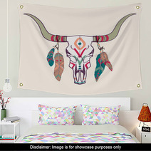 Vector Illustration Of Bull Skull With Feathers Wall Art 62427846
