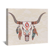 Vector Illustration Of Bull Skull With Feathers Wall Art 62427847