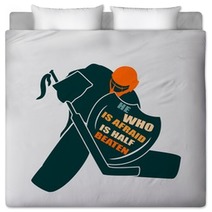 Vector Illustration Of Ice Hockey Goalie With Knight Shield Bedding 108057573