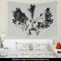 Vector Illustration With An Electric Guitar And Wings With Splashes And Curls Wall Art 123309194