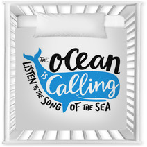 Vector Illustration With Smiling Blue Whale And Lettering Text The Ocean Is Calling Listen To The Song Of The Sea Inspirational Typography Print Design With Quote Nursery Decor 242303205