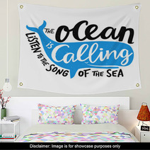 Vector Illustration With Smiling Blue Whale And Lettering Text The Ocean Is Calling Listen To The Song Of The Sea Inspirational Typography Print Design With Quote Wall Art 242303205