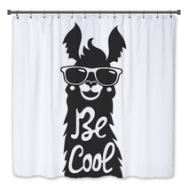 Vector Illustration With Stylish Llama Animal In Sunglasses Be Cool Lettering Quote Bath Decor 113040018
