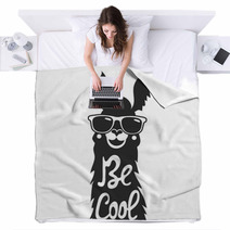 Vector Illustration With Stylish Llama Animal In Sunglasses Be Cool Lettering Quote Blankets 113040018