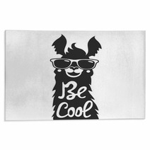 Vector Illustration With Stylish Llama Animal In Sunglasses Be Cool Lettering Quote Rugs 113040018