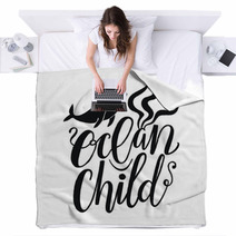 Vector Illustration With Whale And Lettering Text Ocean Child Typography Print Design With Sea Animal Blankets 208581540