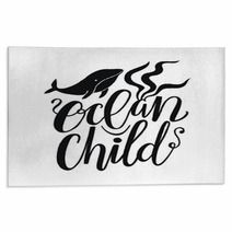 Vector Illustration With Whale And Lettering Text Ocean Child Typography Print Design With Sea Animal Rugs 208581540