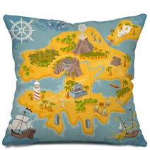Vector Map Elements Of Fantasy Pirate Island In Colorful Illustration And Hand Draw Of Mystery Realm Pillows 177944207