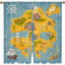 Vector Map Elements Of Fantasy Pirate Island In Colorful Illustration And Hand Draw Of Mystery Realm Window Curtains 177944207
