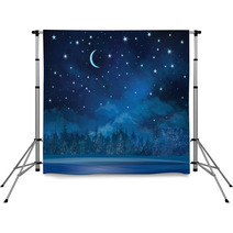 Vector Night Winter Scene, Sky And Forest Background. Backdrops 66698334