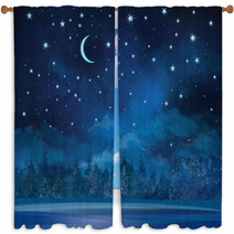 Vector Night Winter Scene, Sky And Forest Background. Window Curtains 66698334