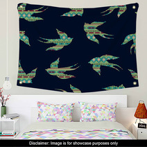 Vector Seamless Colorful Decorative Ethnic Pattern With Swallows Wall Art 62429327