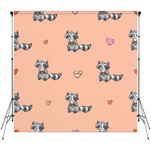 Vector Seamless Pattern By Valentine's Day With Carton Raccoons In Love And Hearts On  Pink Background. Backdrops 99897333