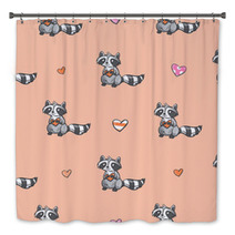 Vector Seamless Pattern By Valentine's Day With Carton Raccoons In Love And Hearts On  Pink Background. Bath Decor 99897333