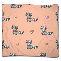 Vector Seamless Pattern By Valentine's Day With Carton Raccoons In Love And Hearts On  Pink Background. Blankets 99897333