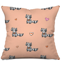 Vector Seamless Pattern By Valentine's Day With Carton Raccoons In Love And Hearts On  Pink Background. Pillows 99897333