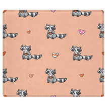 Vector Seamless Pattern By Valentine's Day With Carton Raccoons In Love And Hearts On  Pink Background. Rugs 99897333