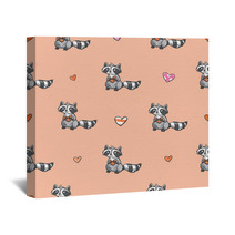 Vector Seamless Pattern By Valentine's Day With Carton Raccoons In Love And Hearts On  Pink Background. Wall Art 99897333