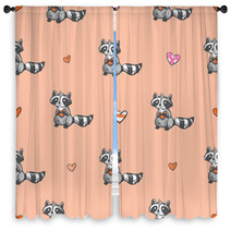 Vector Seamless Pattern By Valentine's Day With Carton Raccoons In Love And Hearts On  Pink Background. Window Curtains 99897333