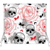 Vector Seamless Pattern With Dotted Skull Open Roses Arrows Butterflies And Blots In Red And Black And Gray On The White Background Abstract Creative Background In Trash Polka And Dotwork Style Backdrops 122071719