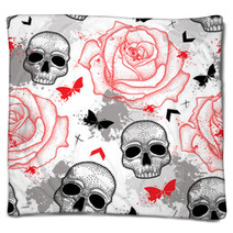 Vector Seamless Pattern With Dotted Skull Open Roses Arrows Butterflies And Blots In Red And Black And Gray On The White Background Abstract Creative Background In Trash Polka And Dotwork Style Blankets 122071719